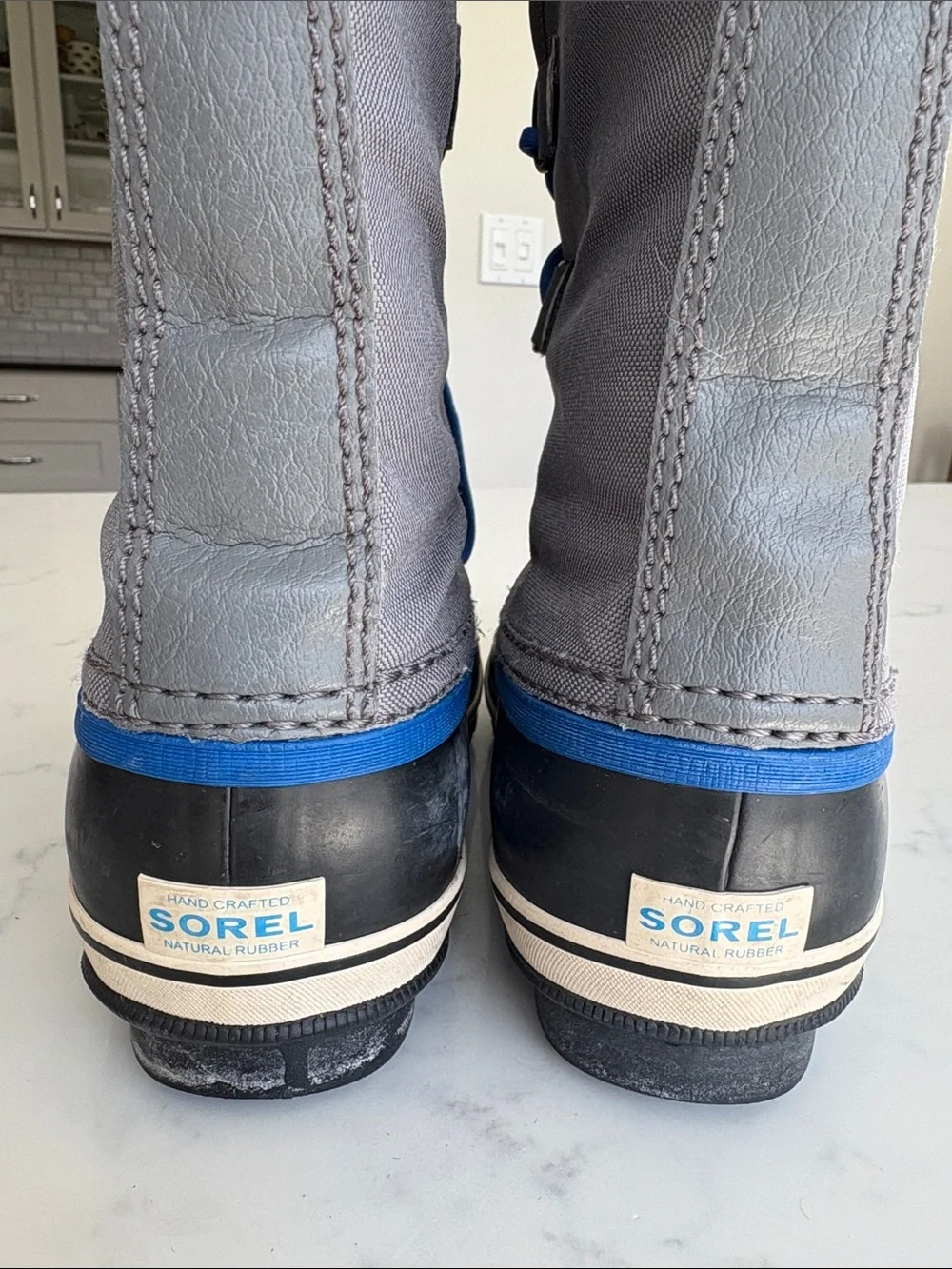 Sorel Kids Grey and Blue Waterproof Winter Boots with Cream Cuff